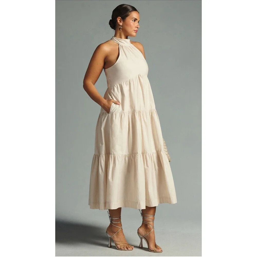Anthropologie Maeve Midi Dress Women Halter Tired Preppy Cotton Flowy Sz 14 New